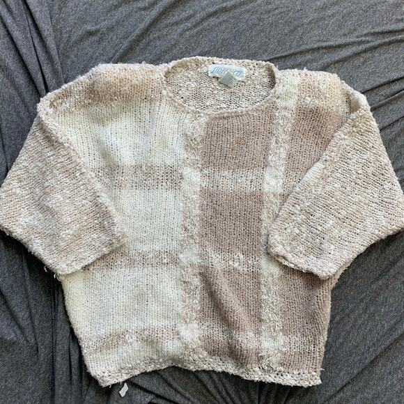 Vintage 90s Side Effects Hand Knit Acrylic Sweater White Beige Checked MEDIUM - Picture 11 of 13
